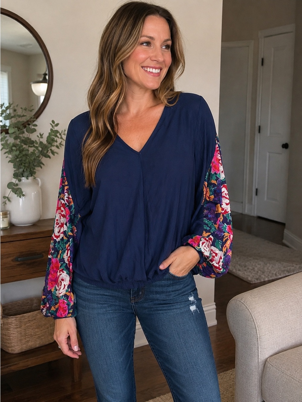 Umgee NWT Navy Floral Sleeve V Neck Blouse Boho Top XL